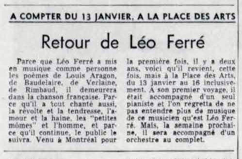 Léo Ferré - Le devoir, 1910- (Montréal), mardi 4 janvier 1966