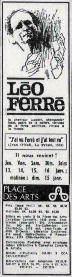 Léo Ferré - Le devoir, 1910- (Montréal), mardi 4 janvier 1966