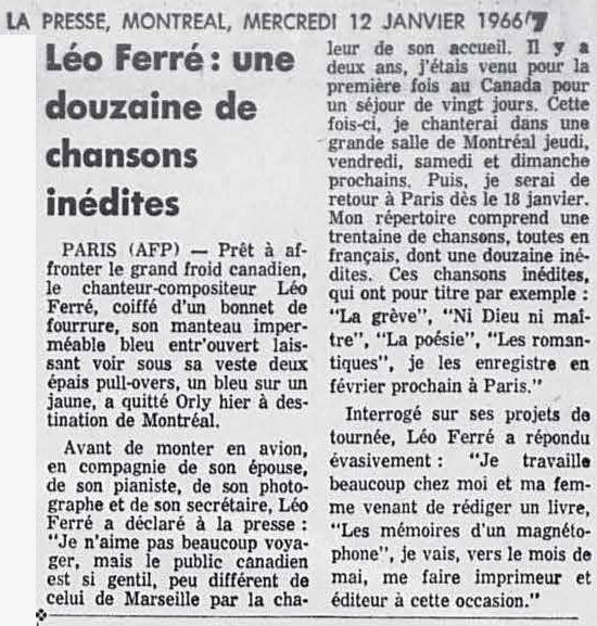 Léo Ferré - La presse, mercredi 12 janvier 1966