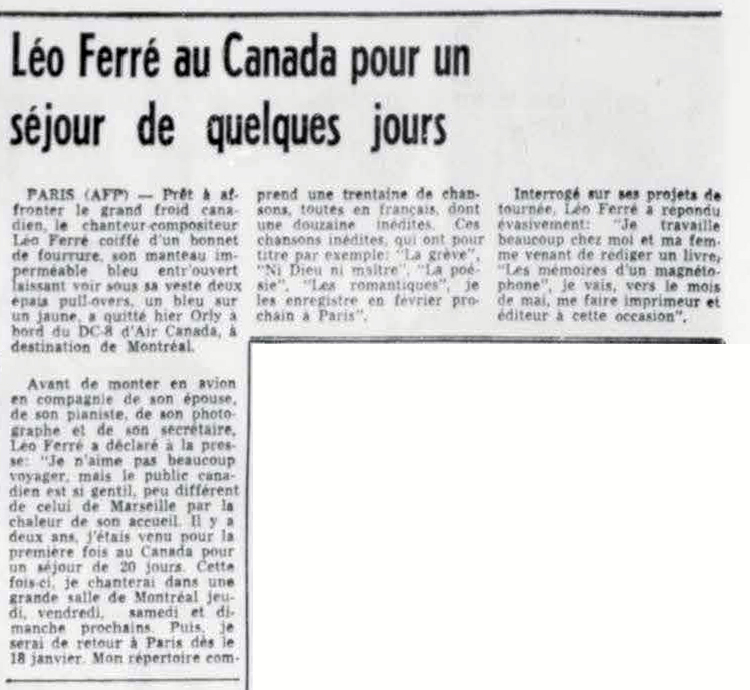 Léo Ferré - Le nouvelliste, 1920-, mercredi 12 janvier 1966