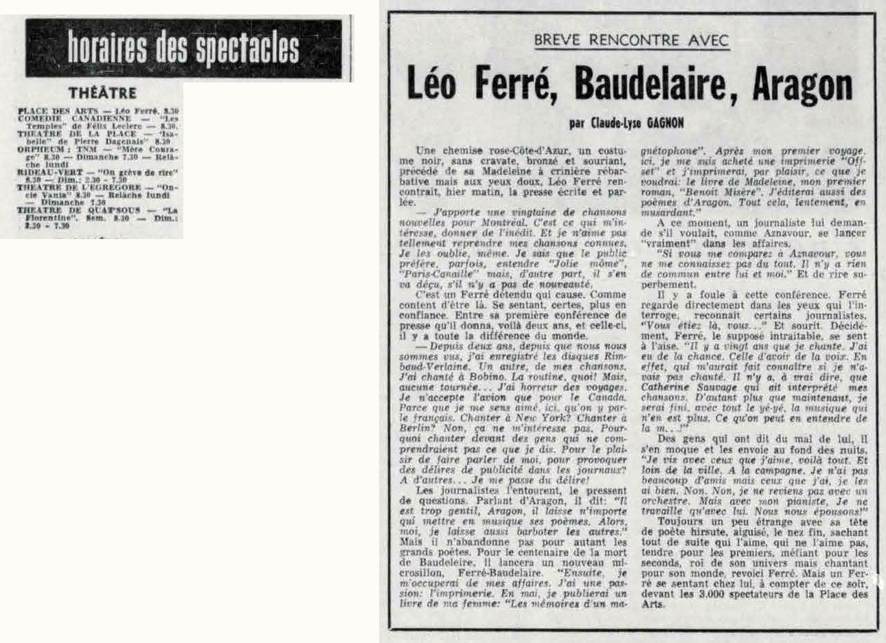 Léo Ferré - Le devoir, 1910- (Montréal), jeudi 13 janvier 1966