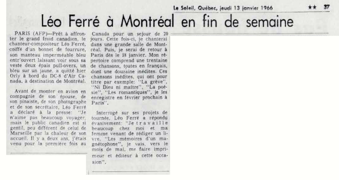 Léo Ferré - Le soleil, 1896- (Québec), jeudi 13 janvier 1966
