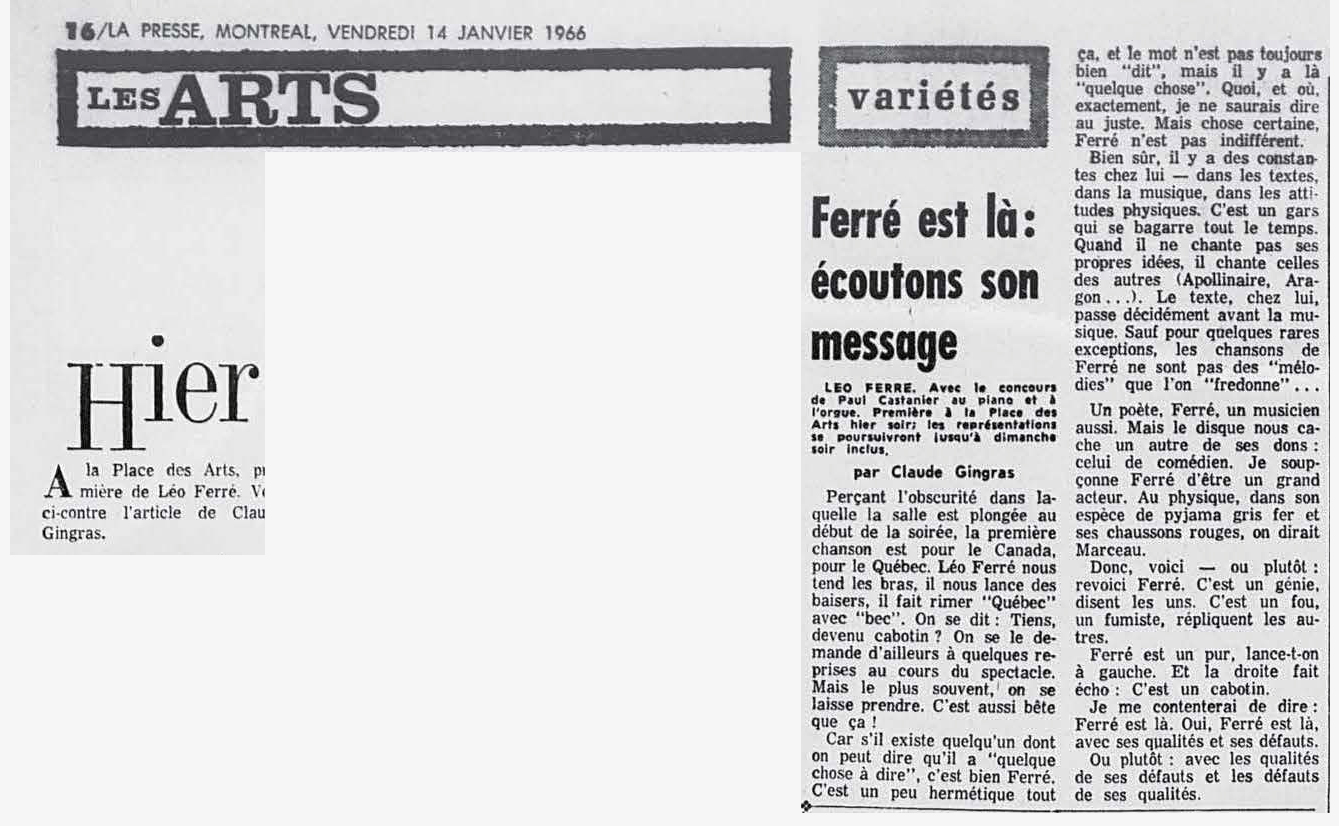 Léo Ferré - La presse, vendredi 14 janvier 1966