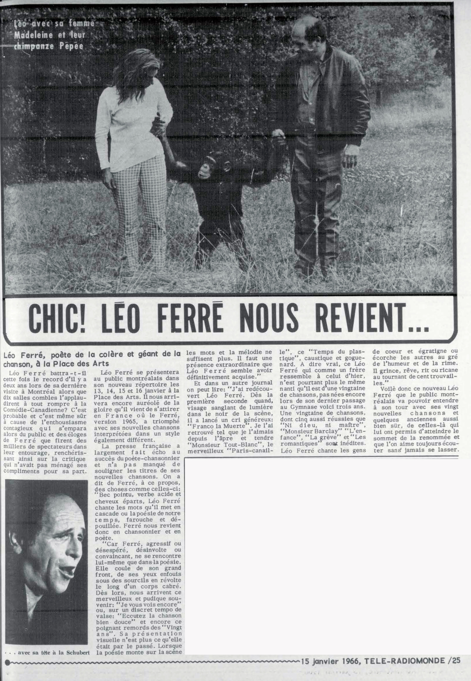 Léo Ferré - Télé-radiomonde, 1962-1985, samedi 15 janvier 1966
