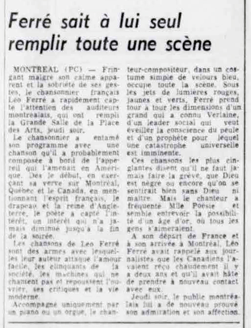 Léo Ferré - Le nouvelliste, 1920-, mercredi 19 janvier 1966