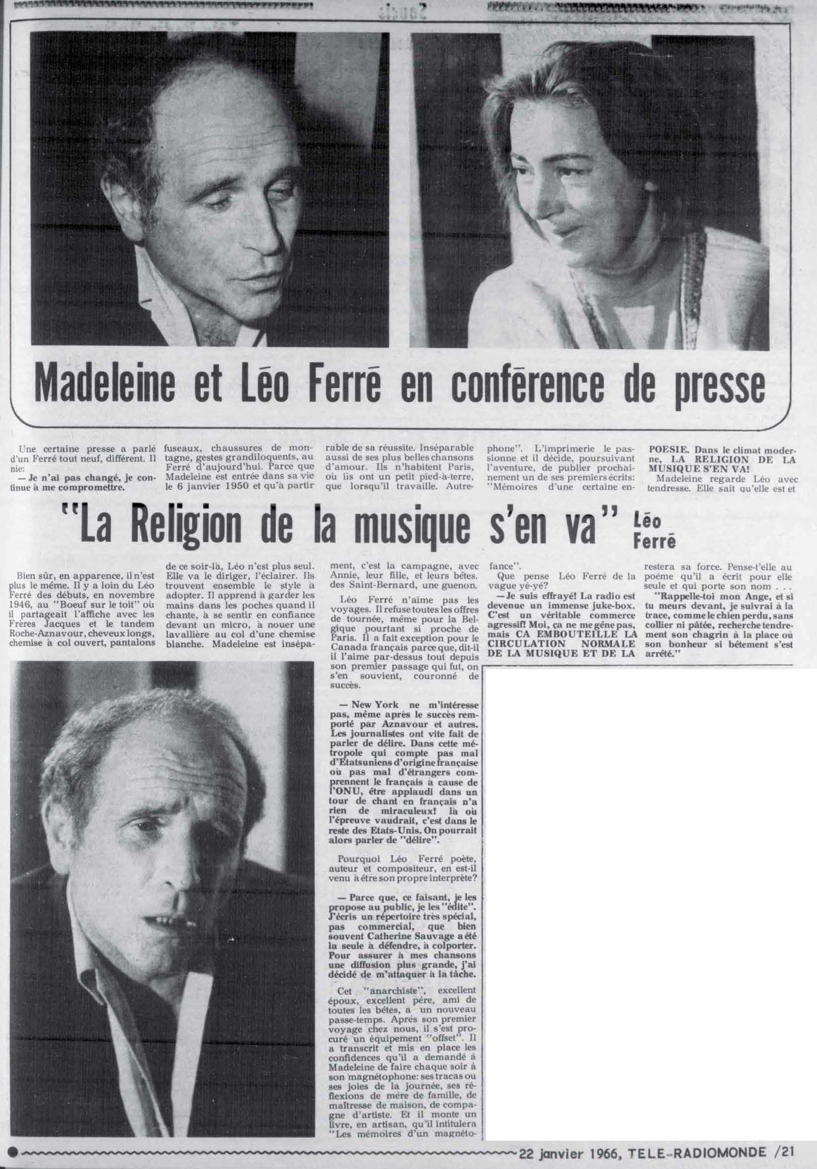 Léo Ferré - Télé-radiomonde, 1962-1985, samedi 22 janvier 1966