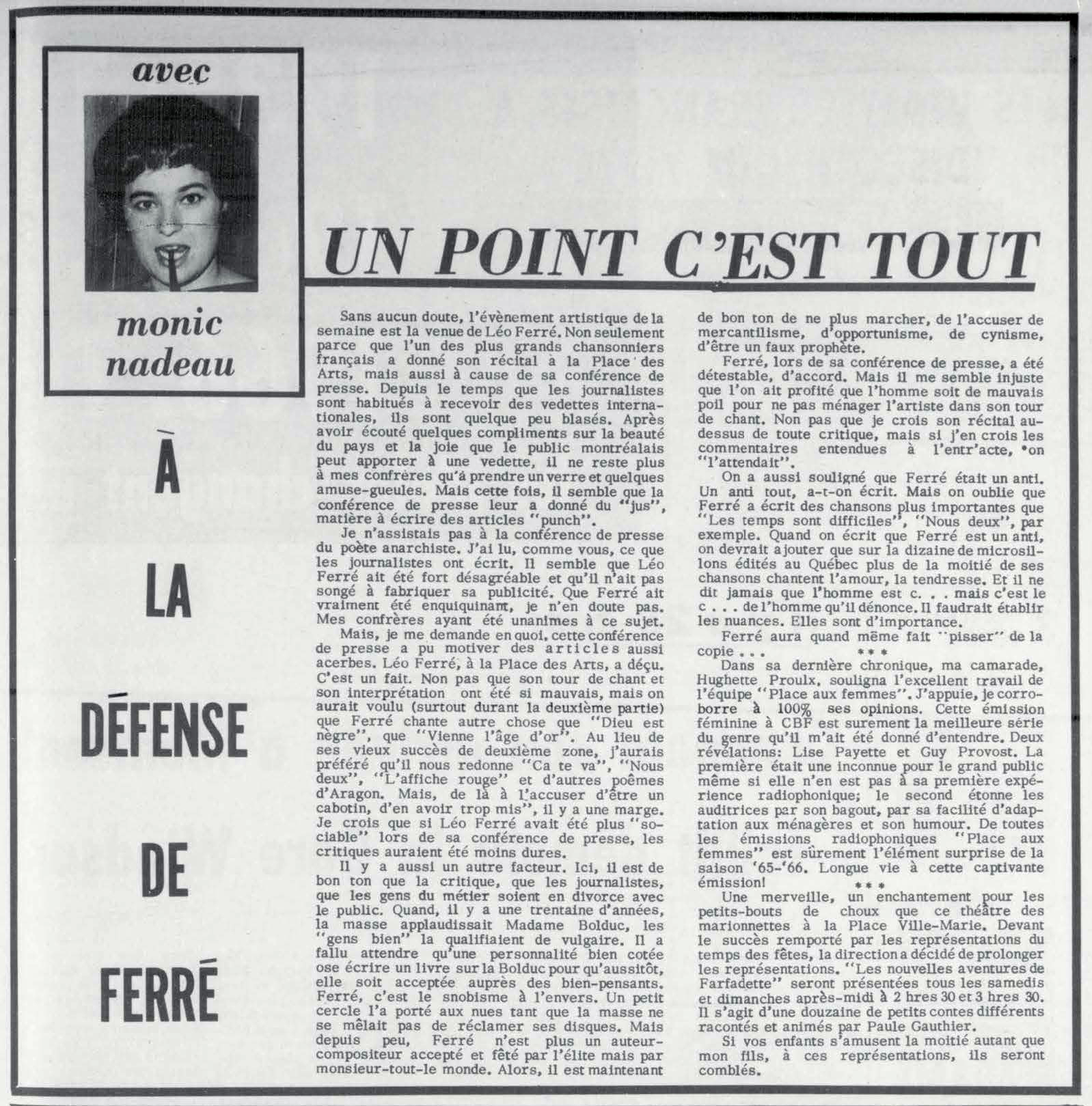 Léo Ferré - Télé-radiomonde, 1962-1985, samedi 29 janvier 1966