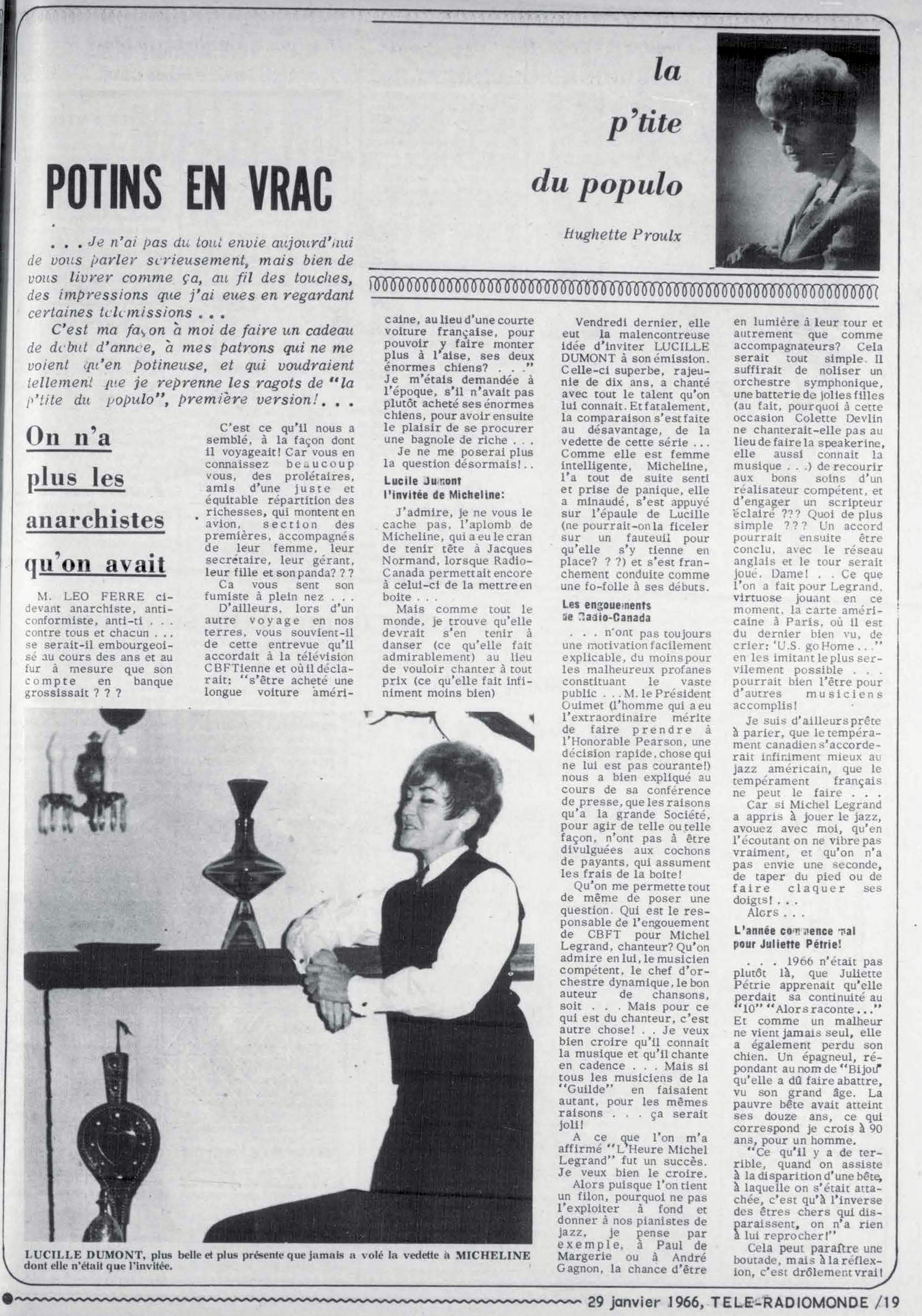 Léo Ferré - Télé-radiomonde, 1962-1985, samedi 29 janvier 1966