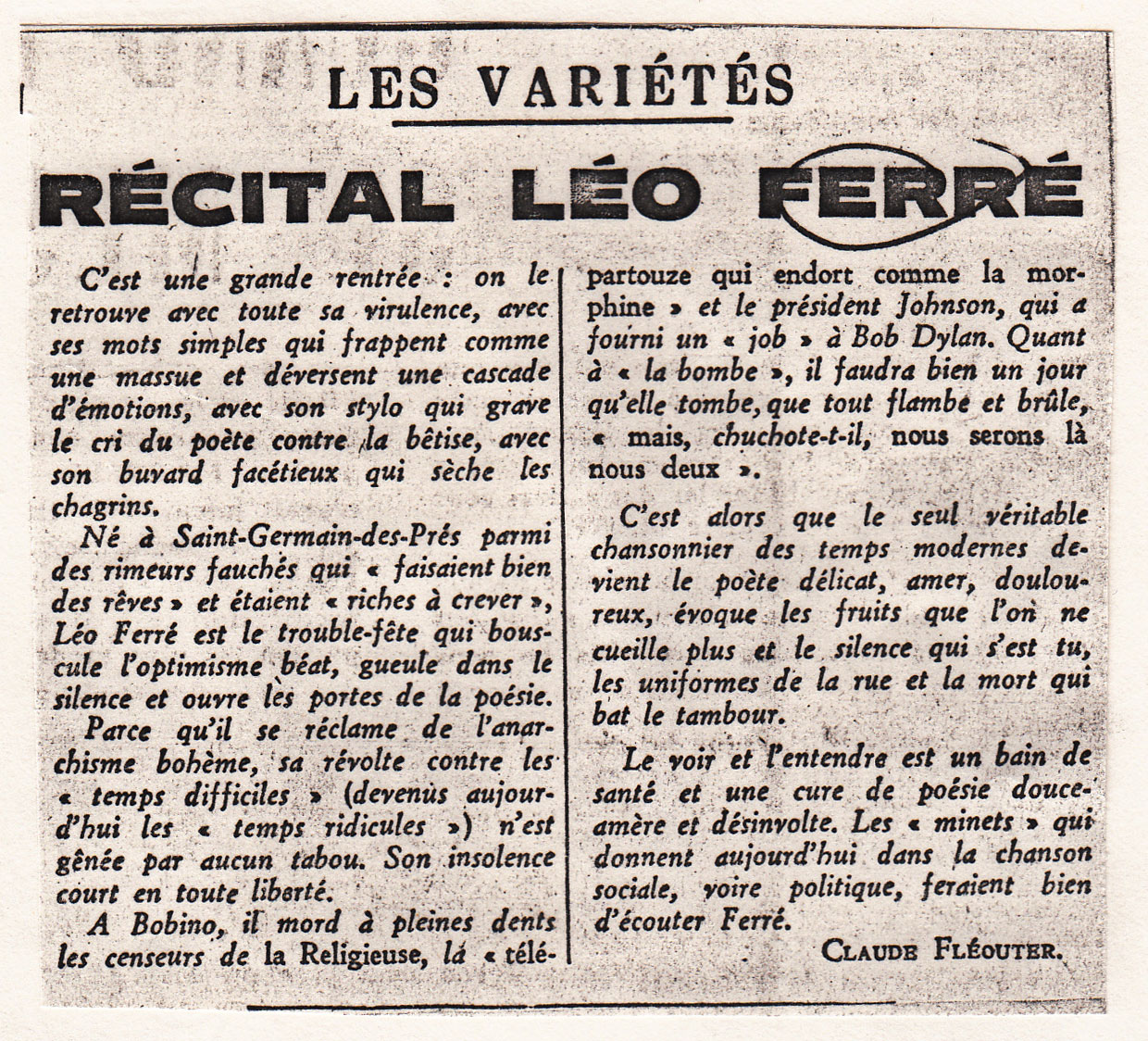 Léo Ferré - Classeur Putsey (Belgique) - Le Monde du 22 avril 1966
