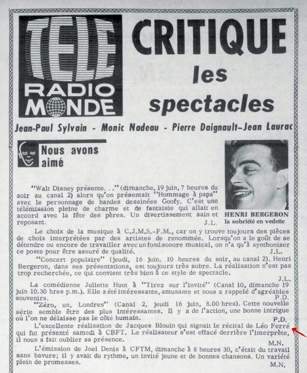Léo Ferré - Télé-radiomonde, 1962-1985, samedi 2 juillet 1966