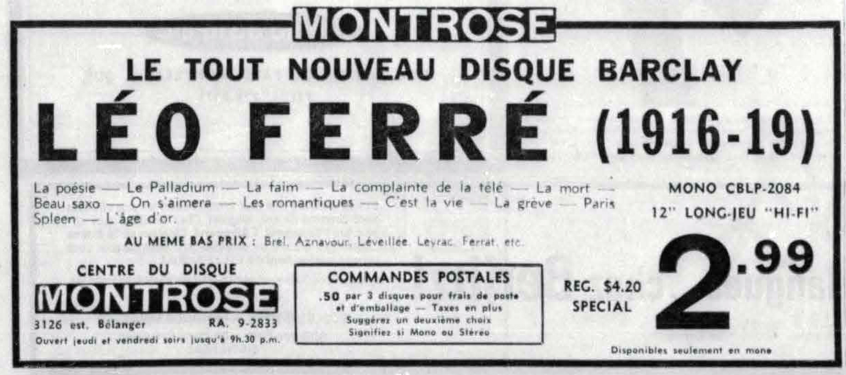 Léo Ferré - Le devoir, 1910- (Montréal), jeudi 15 septembre 1966