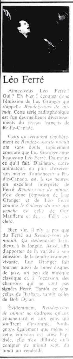 Léo Ferré - Ici Radio-Canada, 1966-1985, 1 février 1967, Divertissement