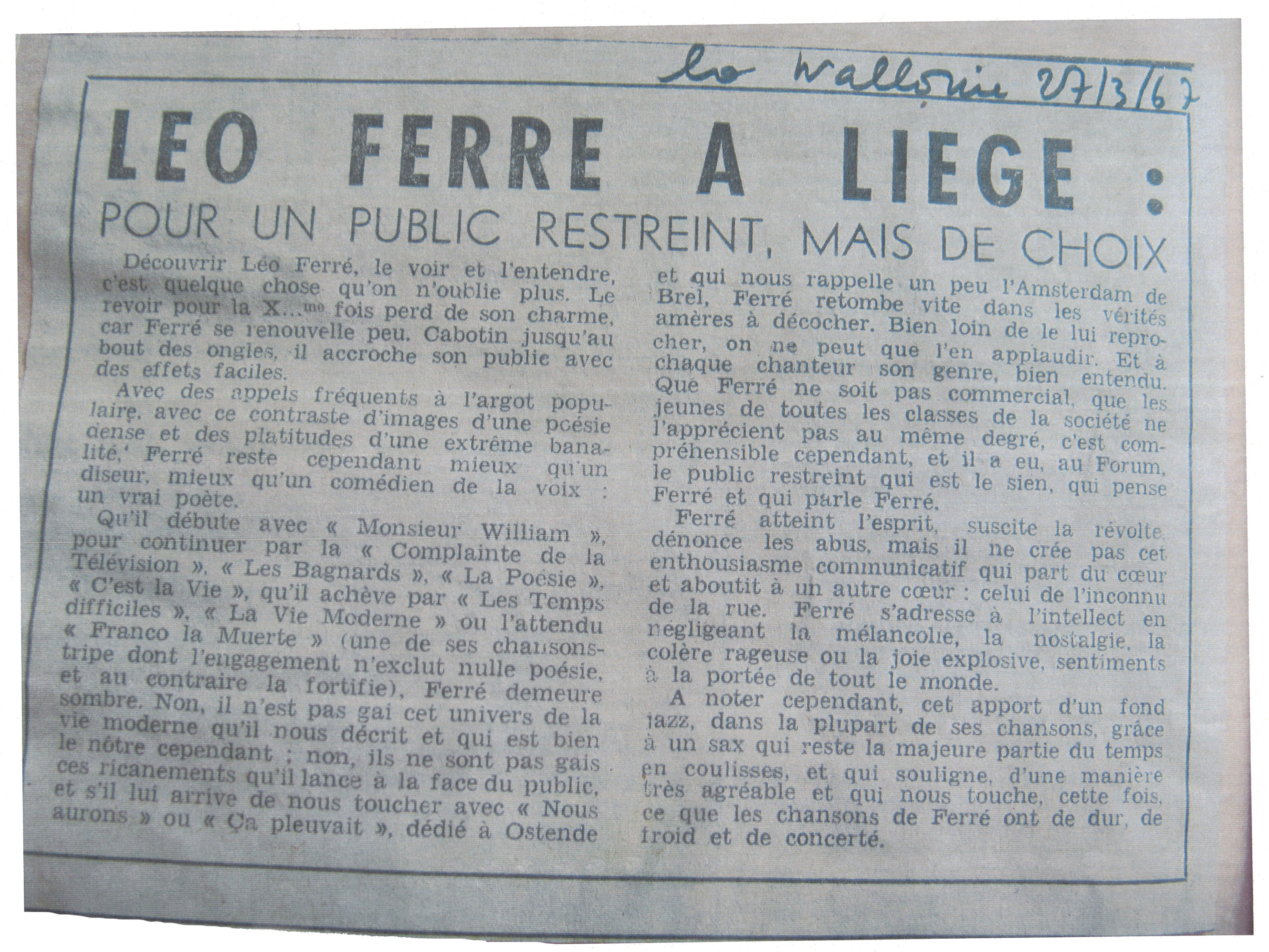 Léo Ferré - La Wallonie du 27 mars 1967