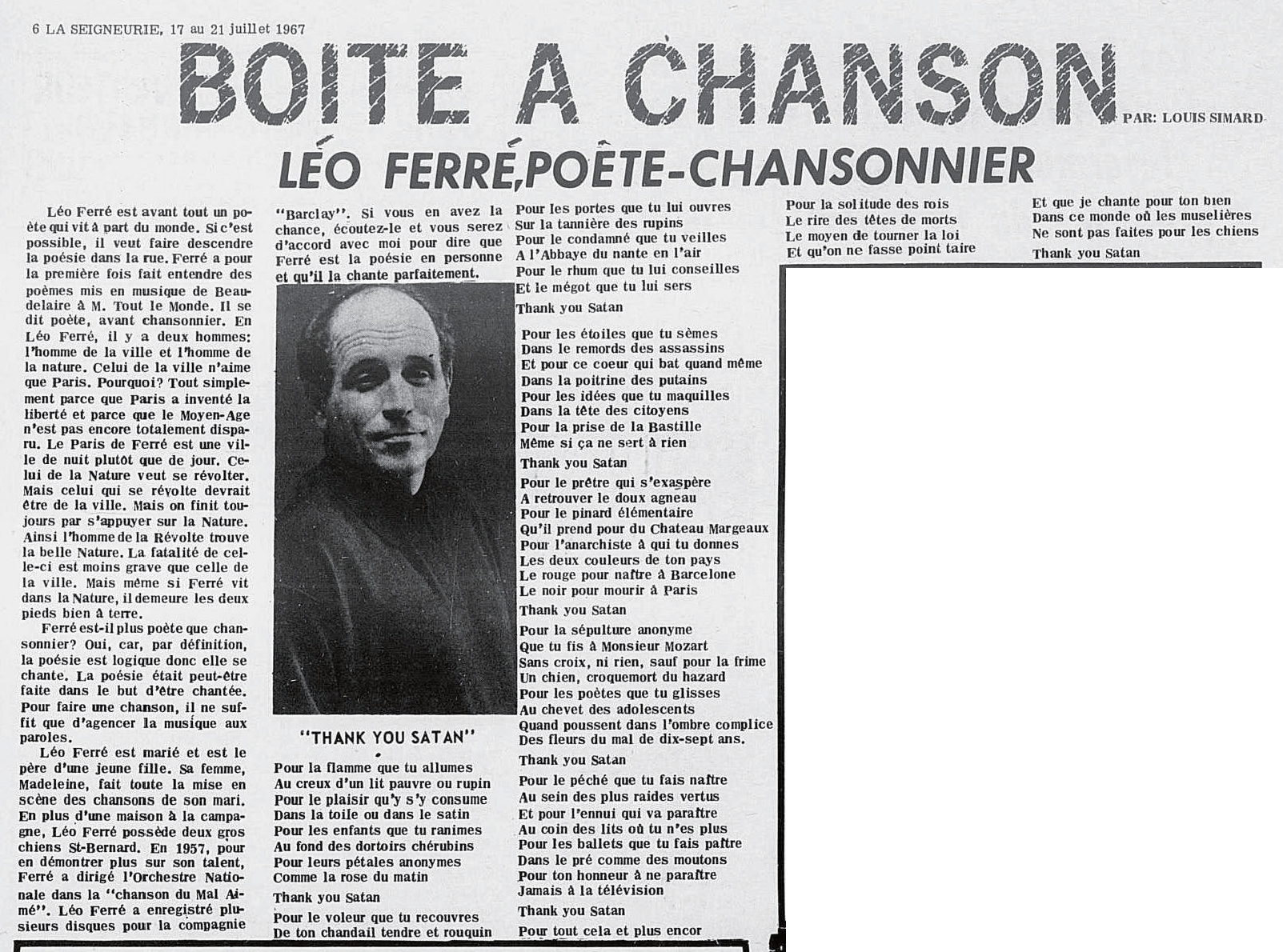 Léo Ferré - La Seigneurie, 1965- (Boucherville), lundi 17 juillet 1967