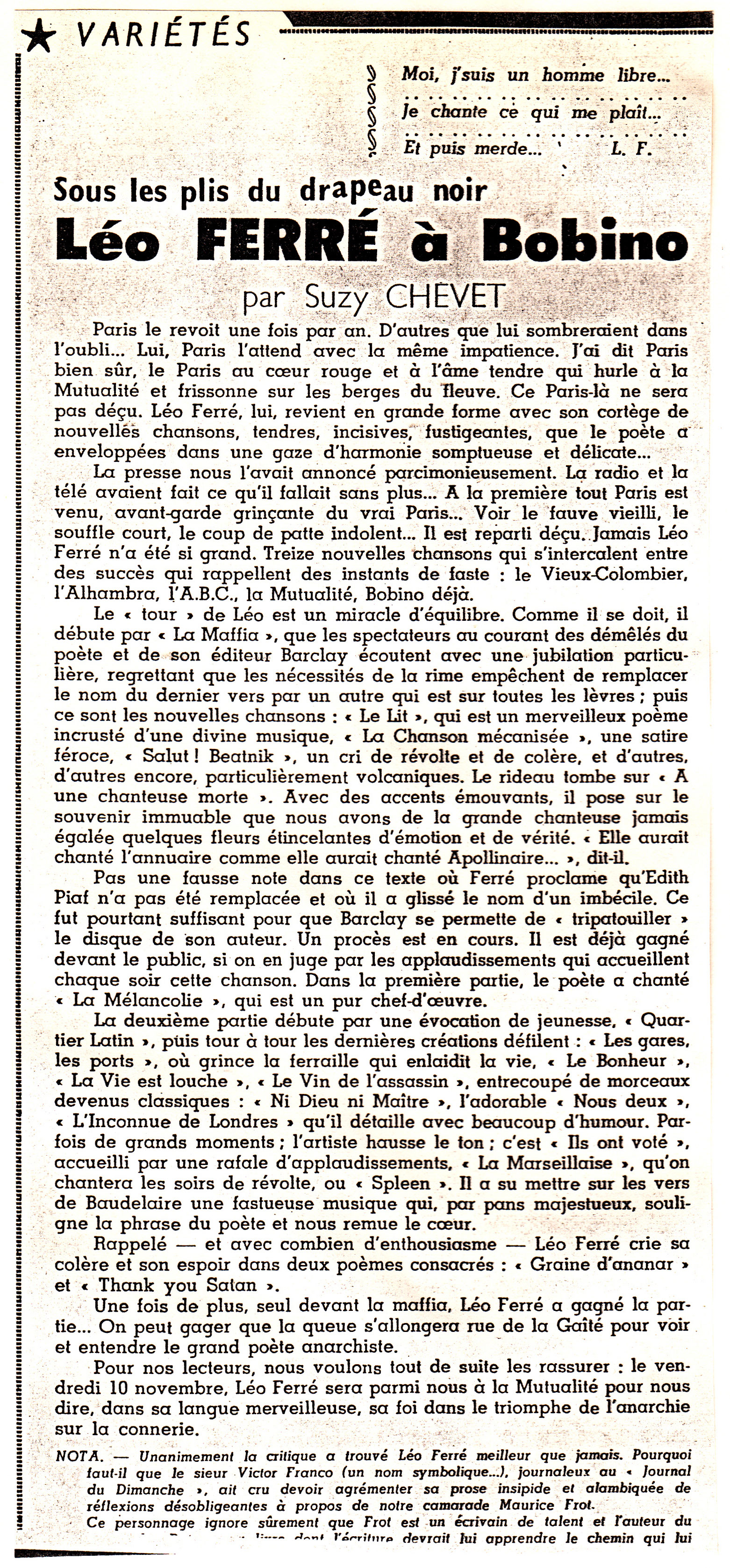 Léo Ferré - Le Monde Libertaire du 10 septembre 1967