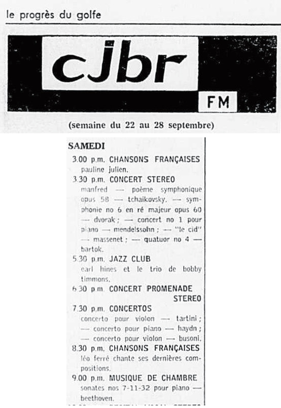 Léo Ferré - Le Progrès du Golfe (Rimouski), 1904-1970, 21 septembre 1967, CJBR - AM - FM - télévision