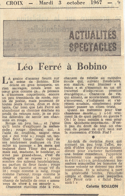 Léo Ferré - La Croix du 3 octobre 1967
