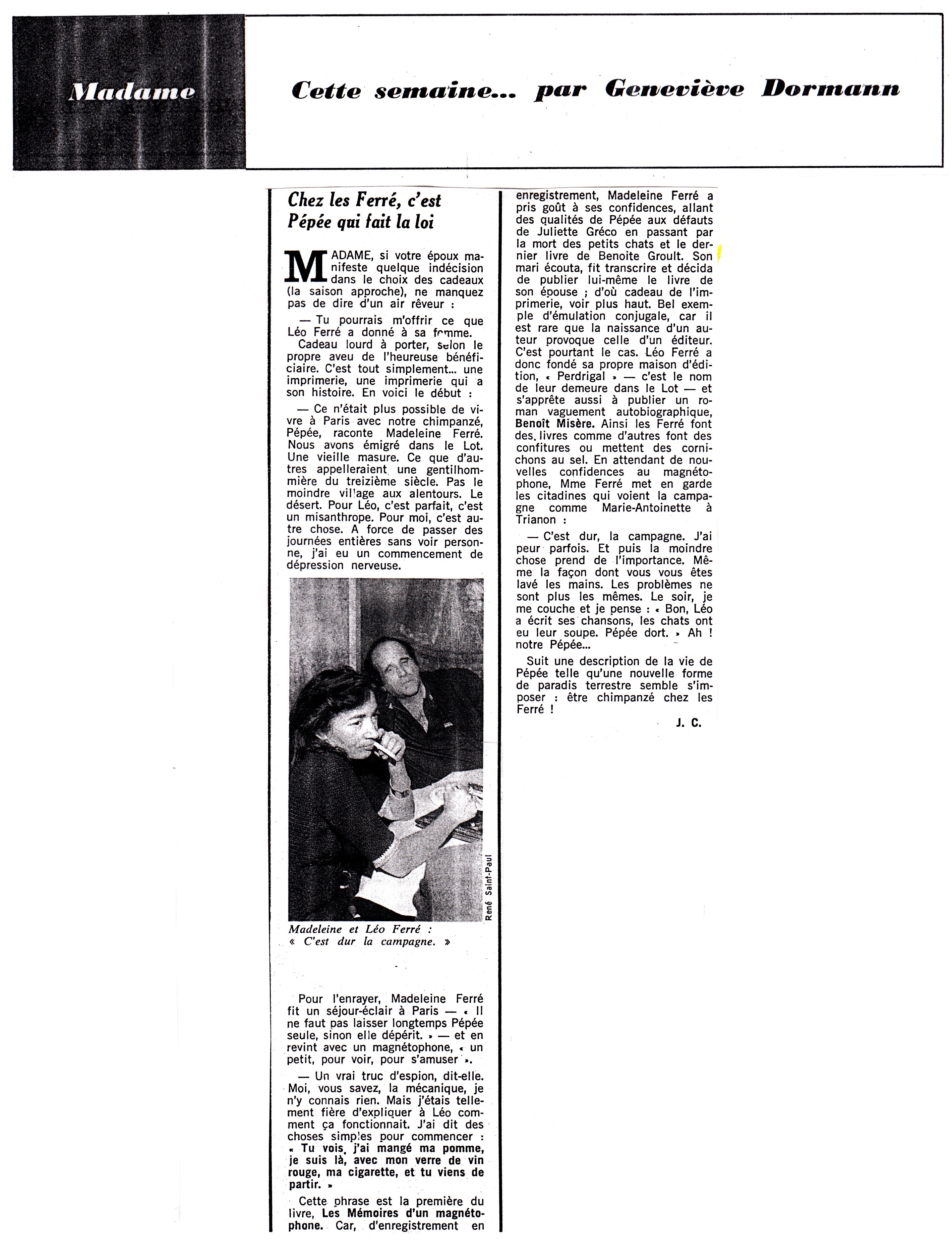 Léo Ferré -Le Figaro littéraire du 9 au 15 octobre 1967