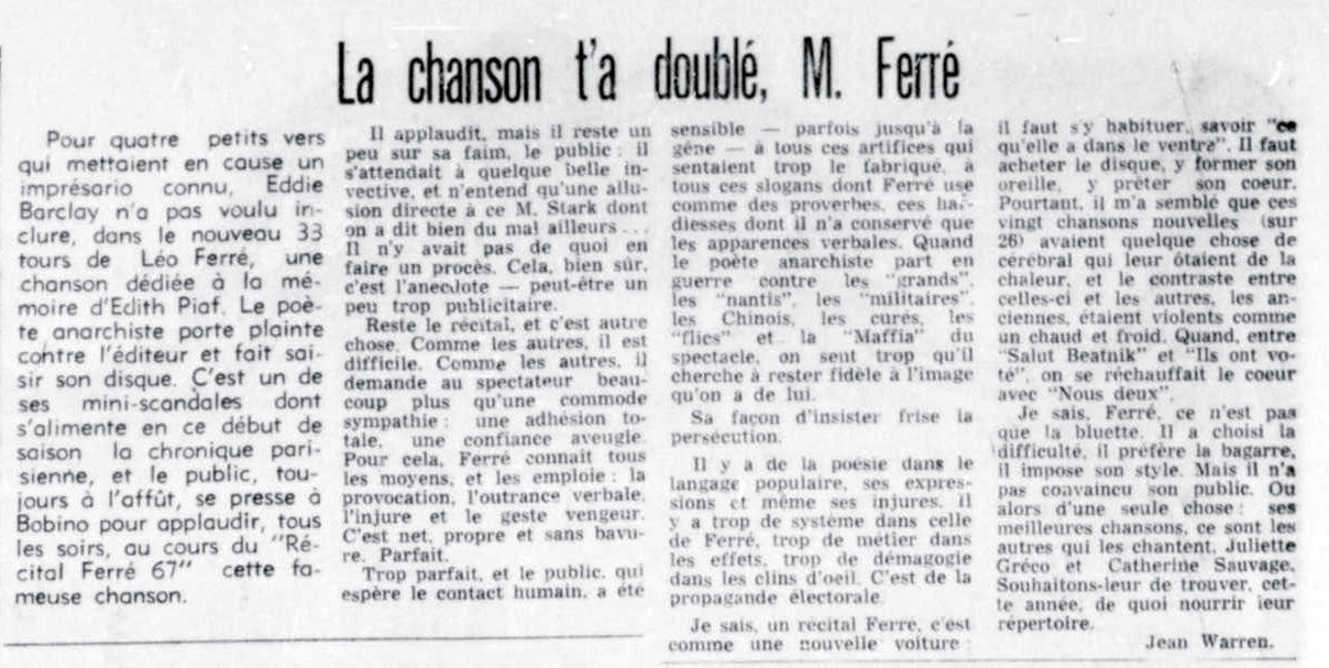 Léo Ferré - L'Action, 1962-1971, lundi 13 novembre 1967