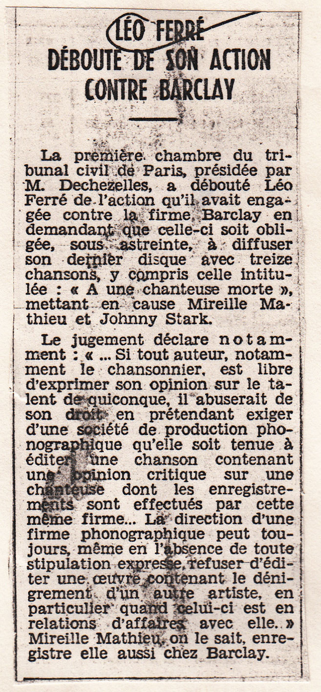 Léo Ferré - Le Monde du 4 janvier 1968