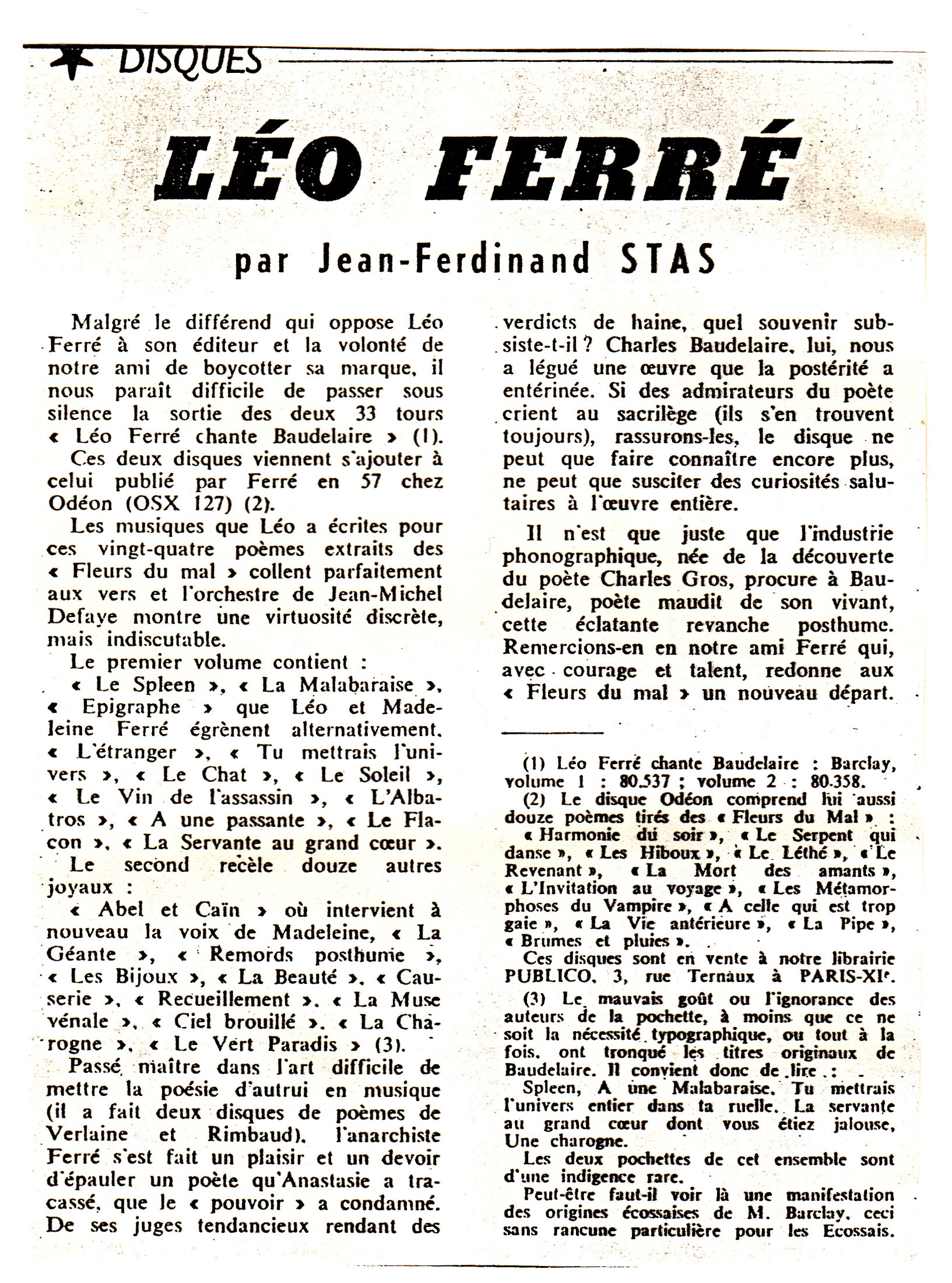 Léo Ferré - Le Monde libertaire de février 1968