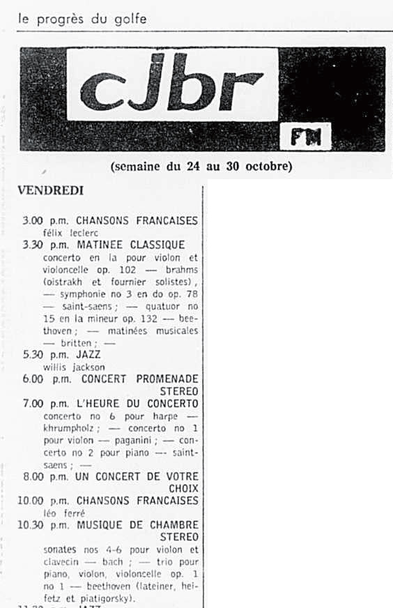 Léo Ferré - Le Progrès du Golfe (Rimouski), 1904-1970, 24 octobre 1968, CJBR - AM - FM - télévision
