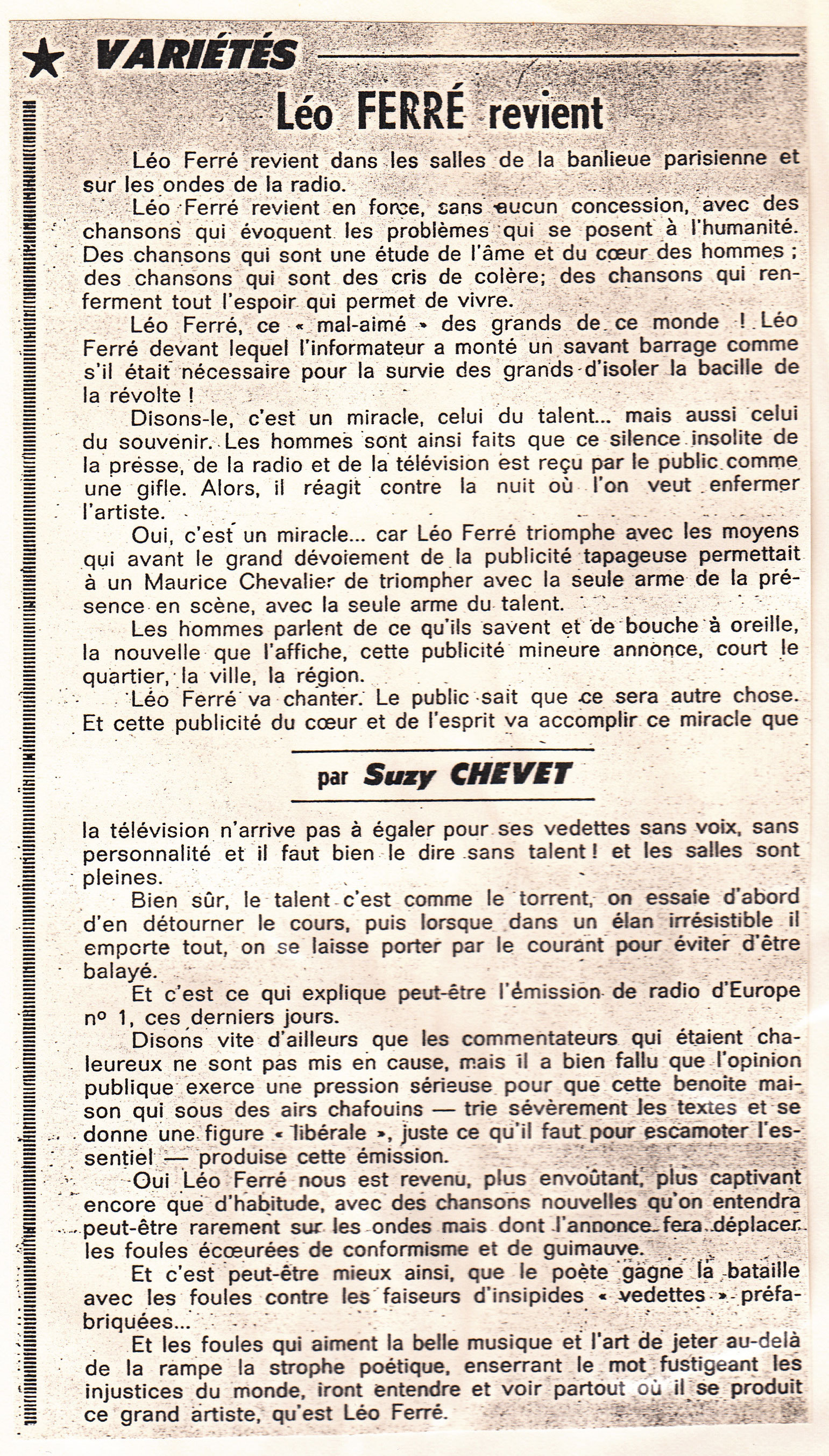 Léo Ferré - Le Monde libertaire de novembre 1968