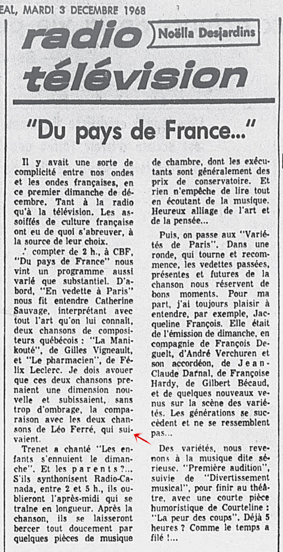 Léo Ferré - La presse, mardi 3 décembre 1968