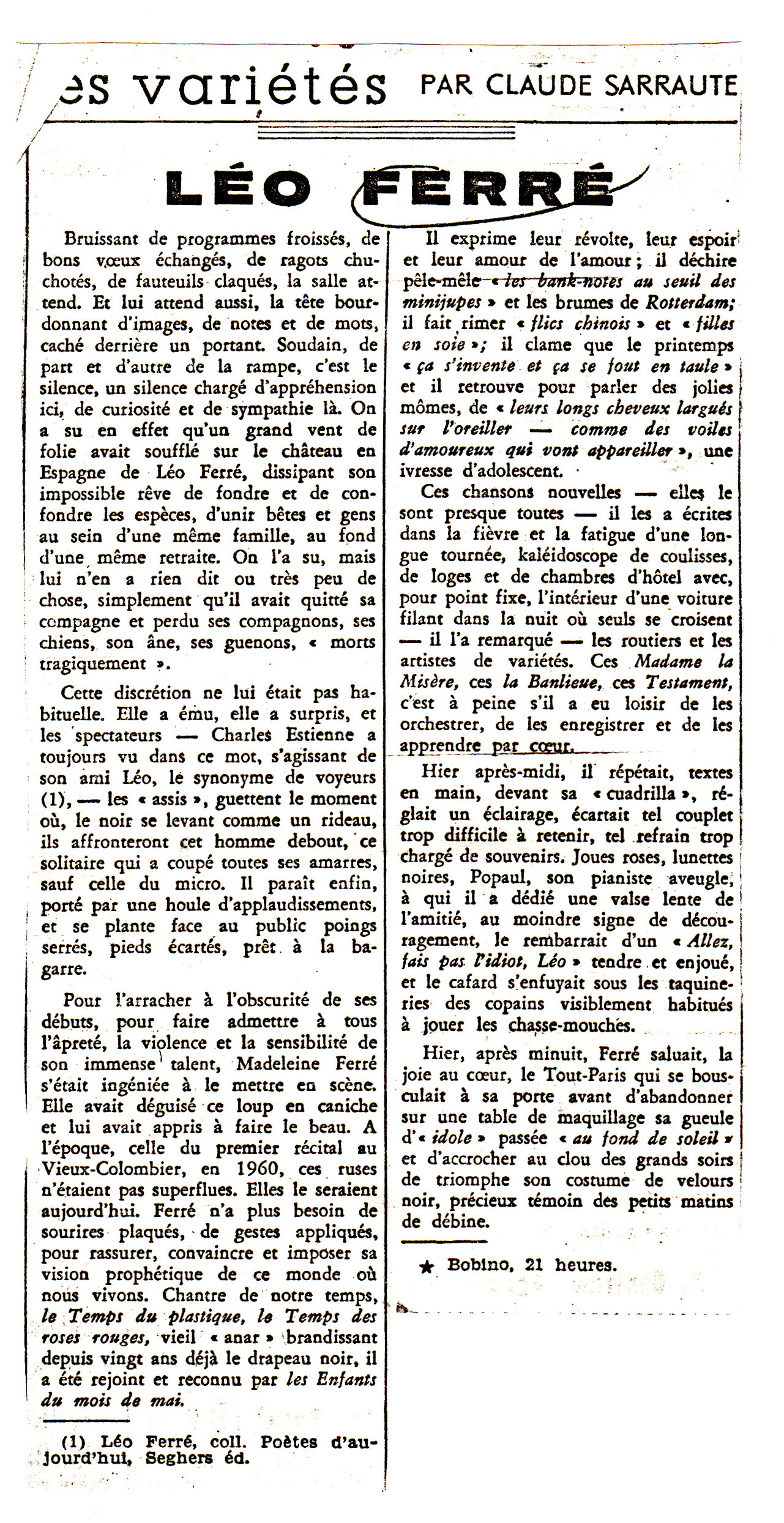 Léo Ferré - Le Monde du 10 janvier 1969