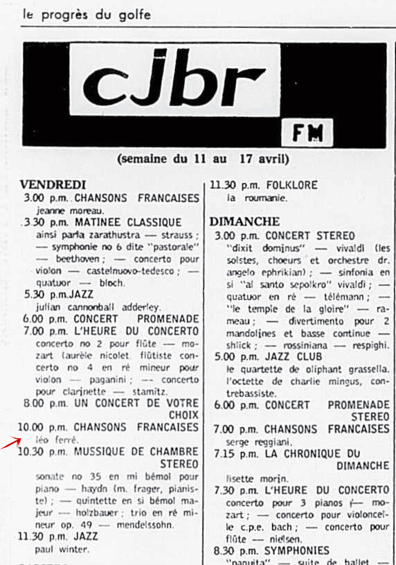 Léo Ferré - Le Progrès du Golfe (Rimouski), 1904-1970, 10 avril 1969, CJBR - AM - FM - télévision