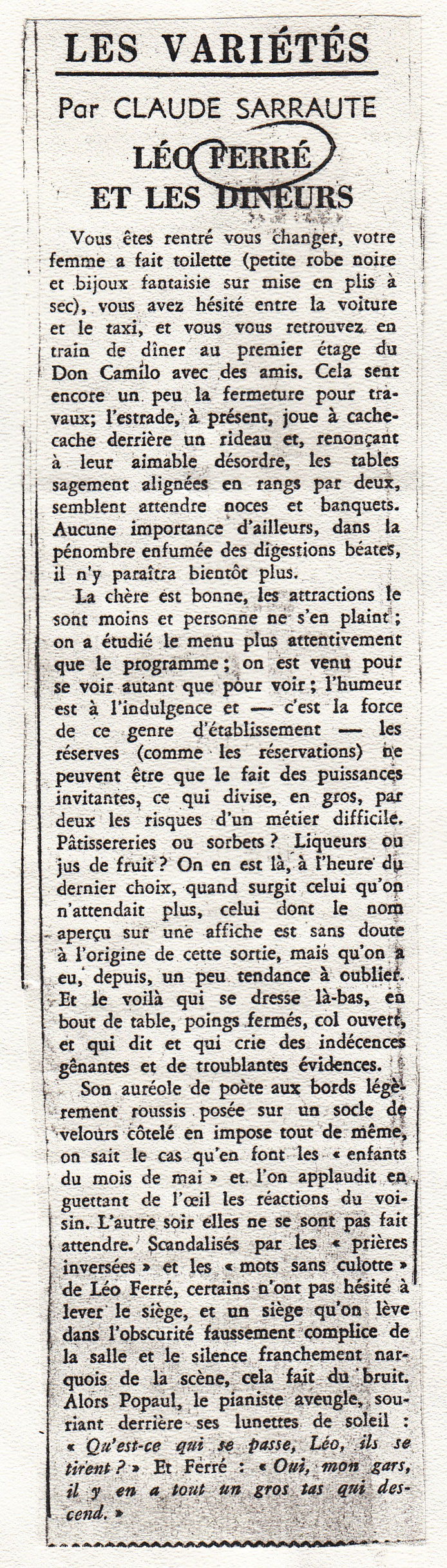 Léo Ferré - Le Monde du 21 octobre 1969