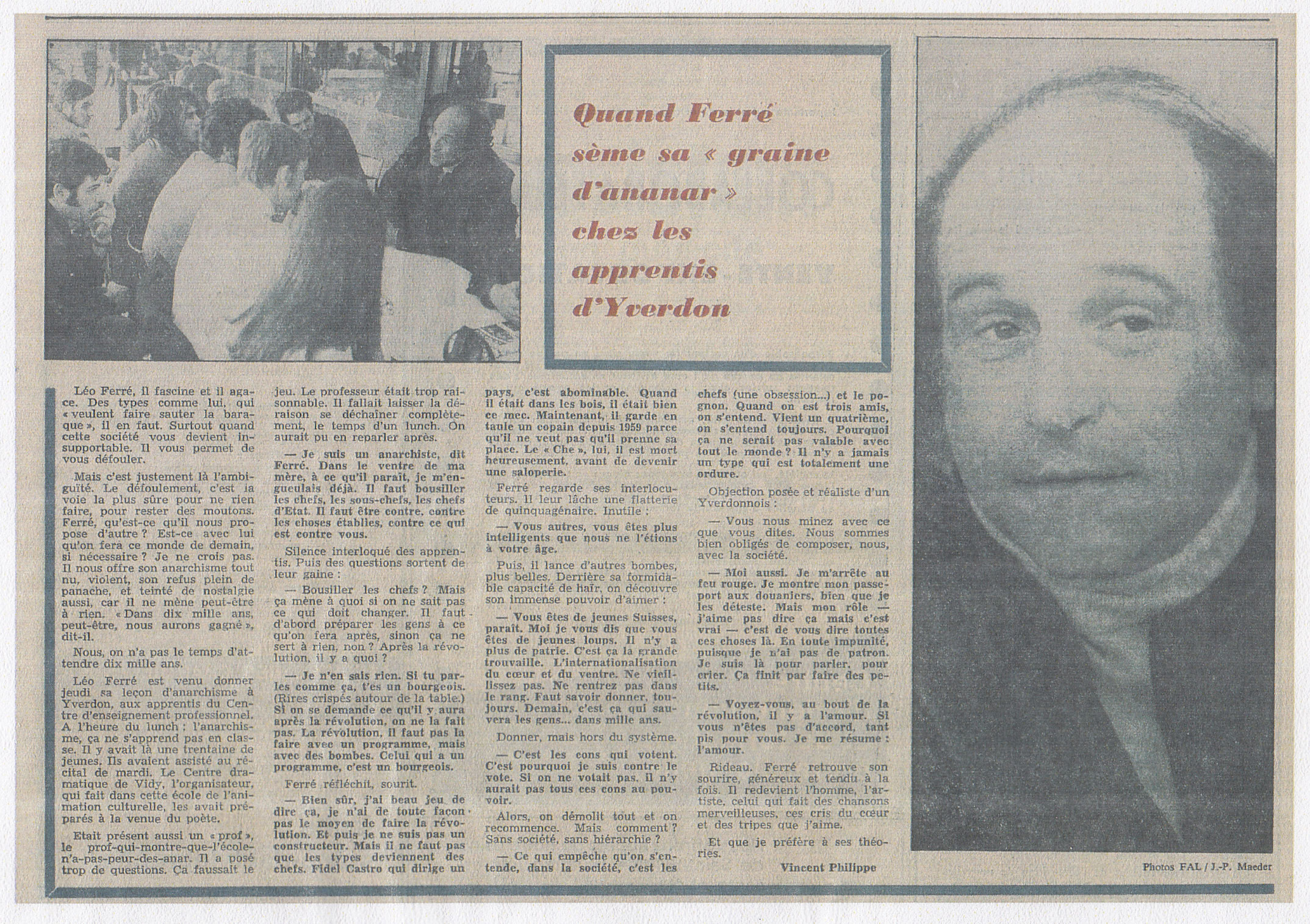 Léo Ferré - Feuille d'avis de Lausanne du 15 et 16 octobre 1969
