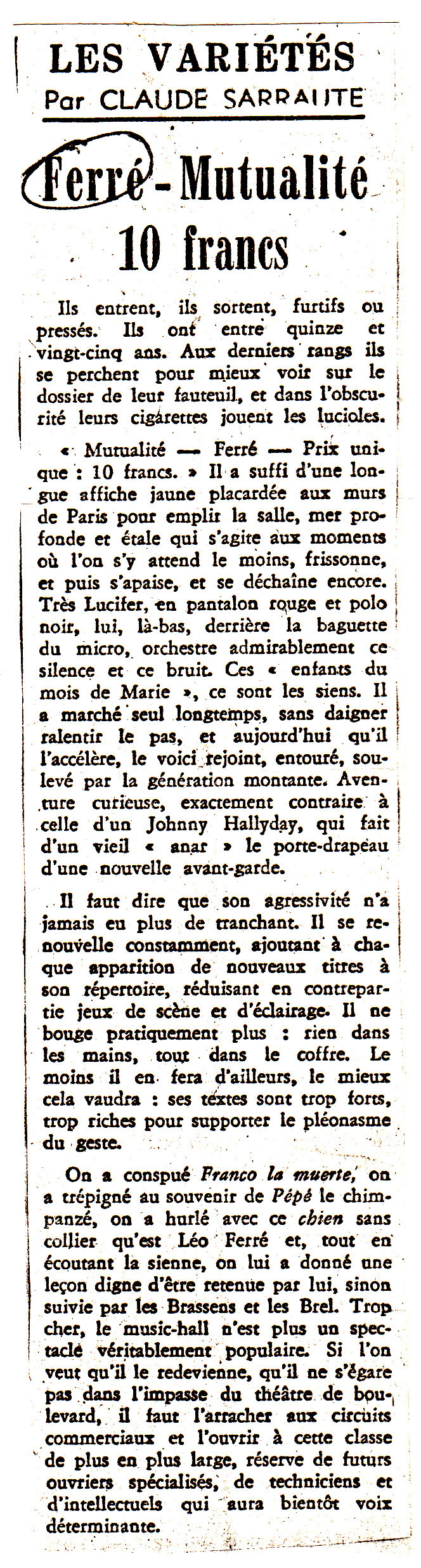 Léo Ferré - Le Monde du 9 janvier 1970