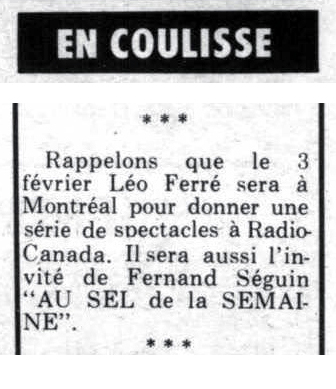 Léo Ferré - Télé-radiomonde, 1962-1985, samedi 10 janvier 1970