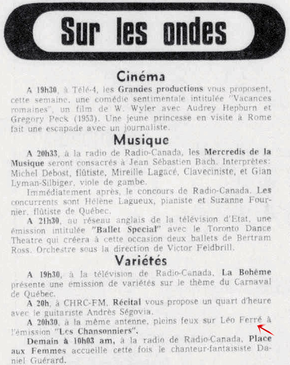 Léo Ferré - Le soleil, 1896- (Québec), mercredi 28 janvier 1970