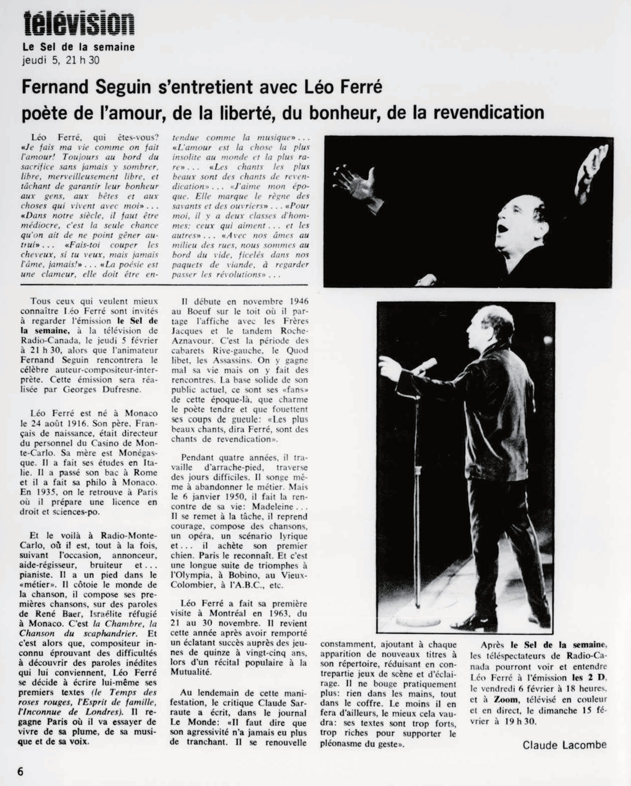 Léo Ferré - Ici Radio-Canada, 1966-1985, 31 janvier 1970