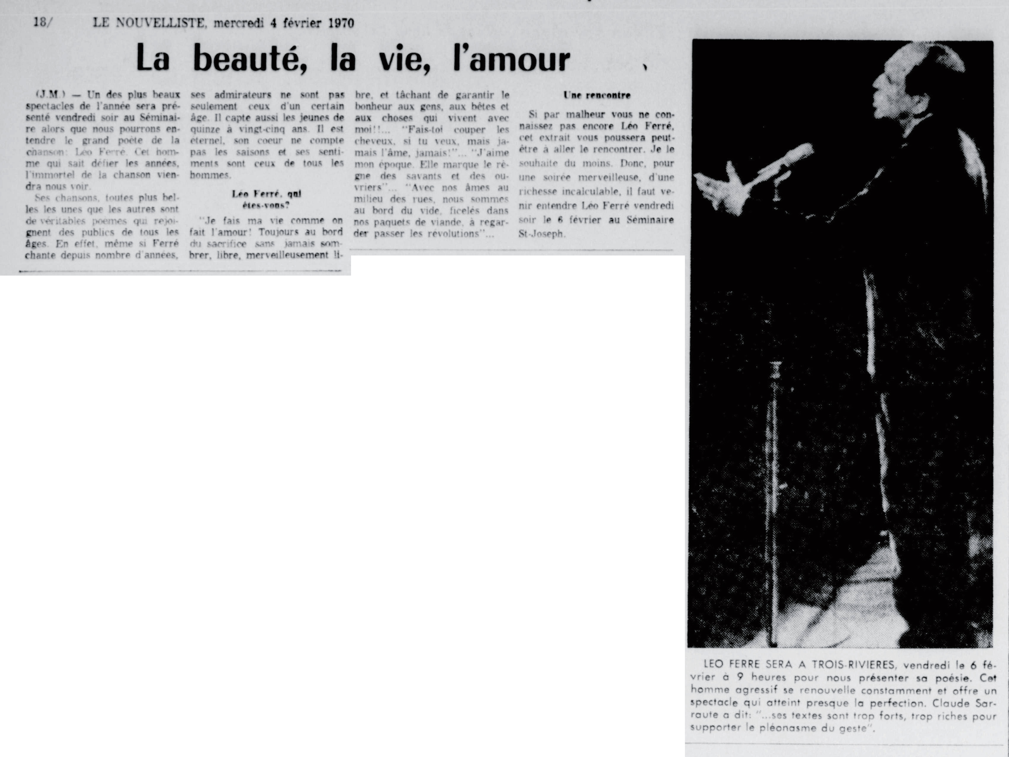 Léo Ferré - Le nouvelliste, 1920-, mercredi 4 février 1970