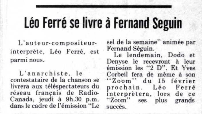 Léo Ferré - Télé-radiomonde, 1962-1985, samedi 7 février 1970