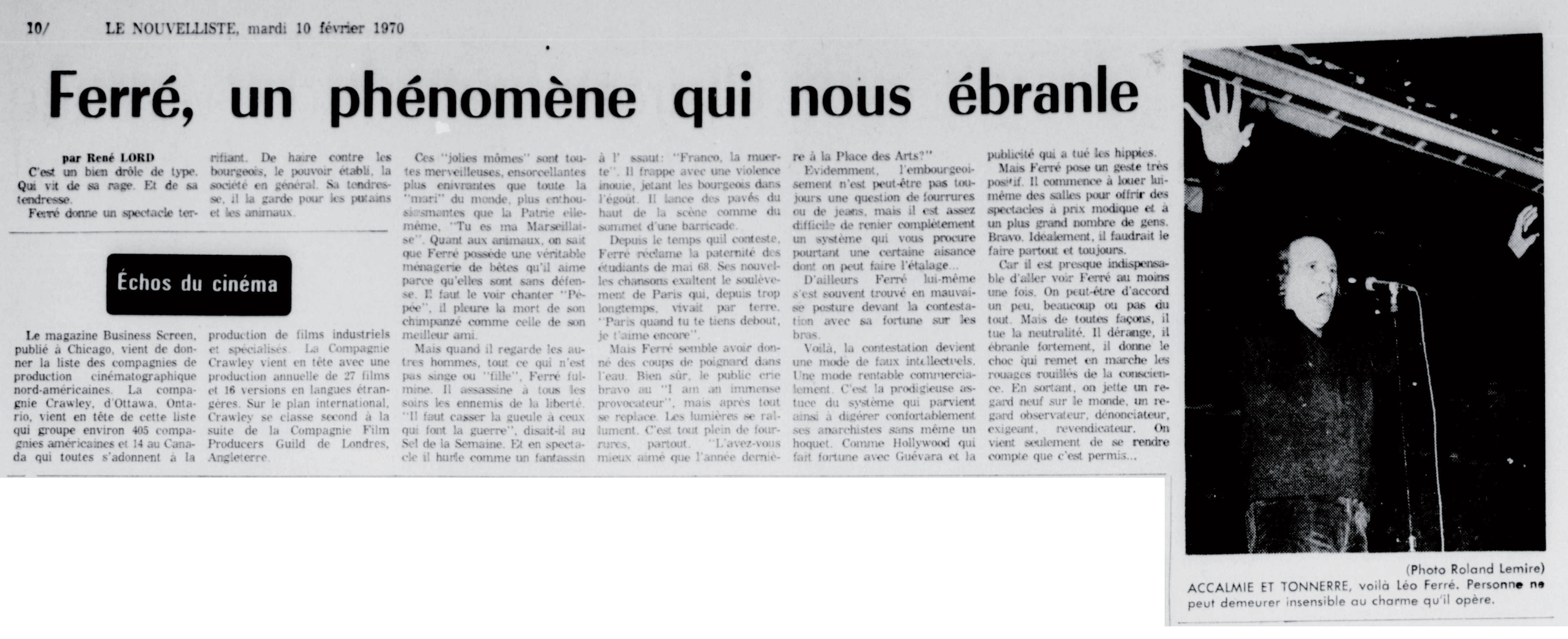 Léo Ferré - Le nouvelliste, 1920-, mardi 10 février 1970
