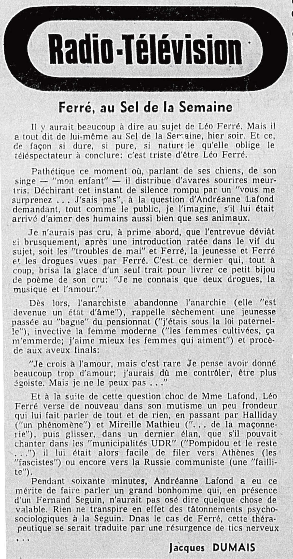 Léo Ferré - Le soleil du Saguenay-Lac-Saint-Jean, 1970-1973, mardi 10 février 1970