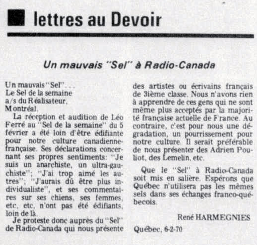 Léo Ferré - Le devoir, 1910- (Montréal), vendredi 20 février 1970