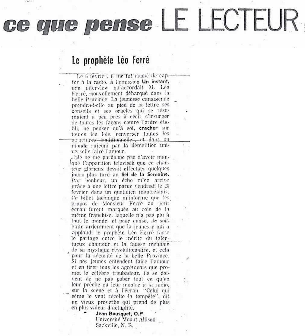 Léo Ferré - La presse, 1884- (Montréal), mercredi 4 mars 1970