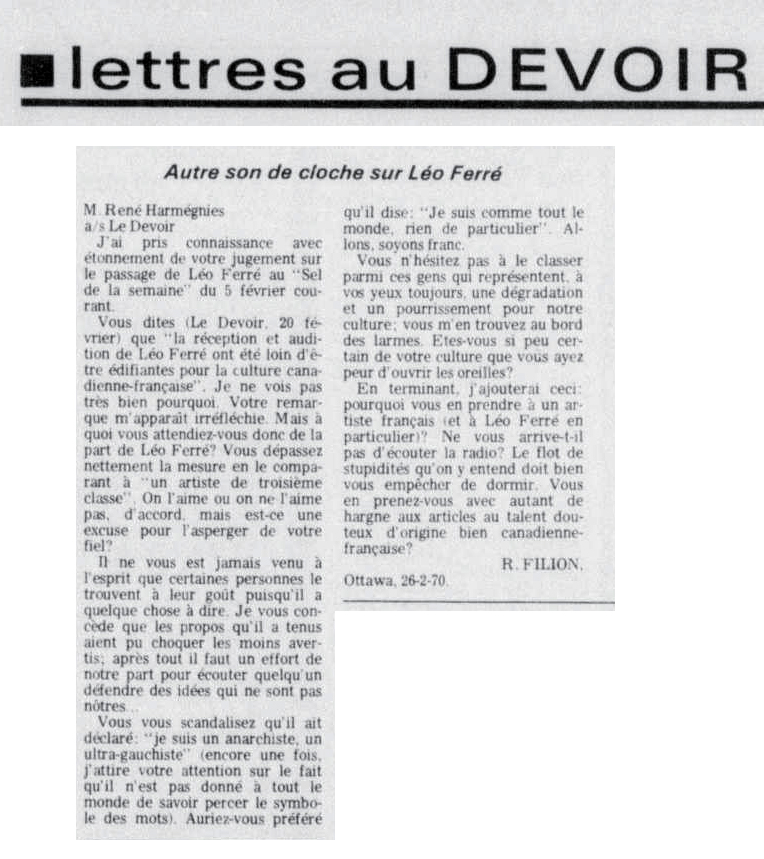 Léo Ferré - Le devoir, 1910- (Montréal), mercredi 11 mars 1970