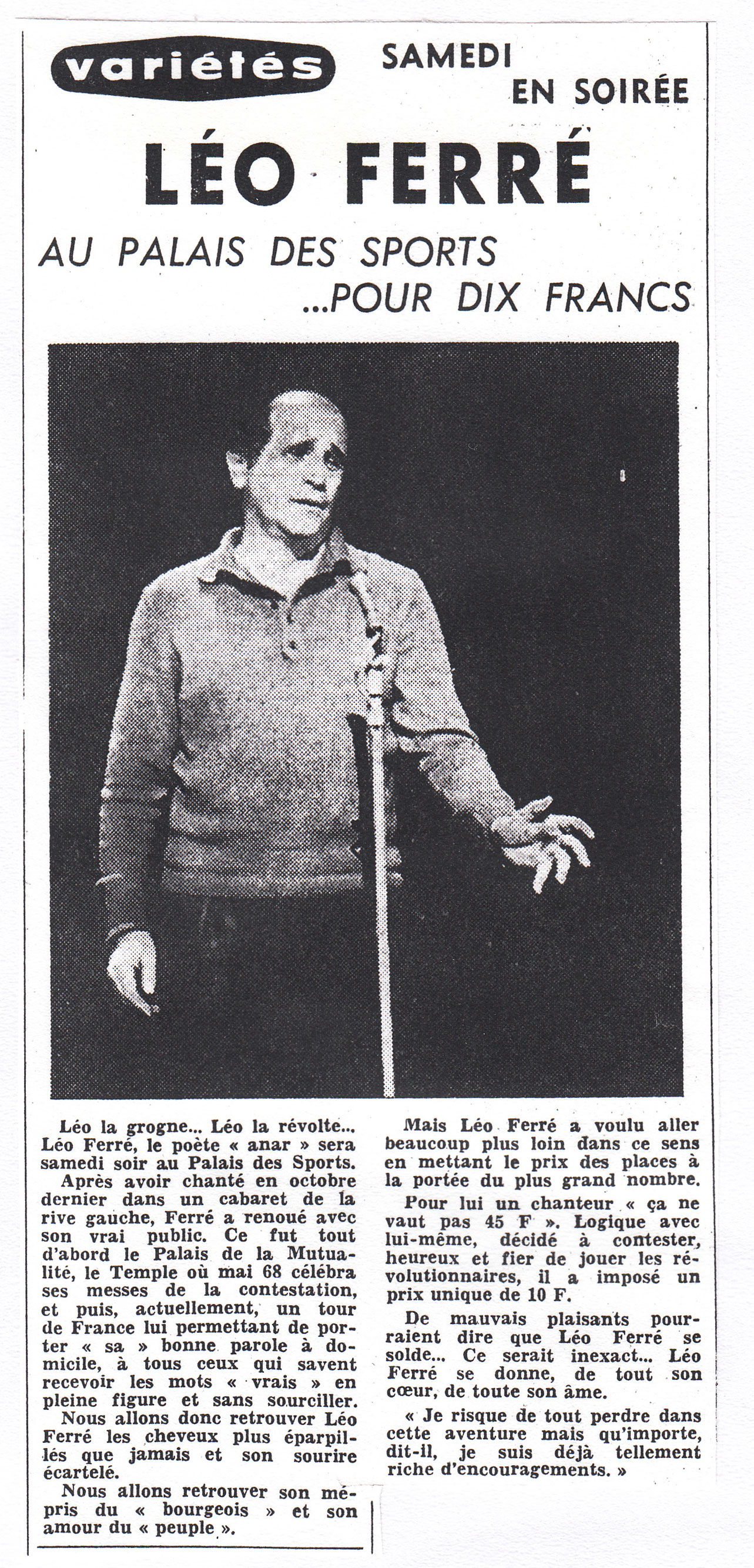 Léo Ferré - La Nouvelle République du 8 avril 1970