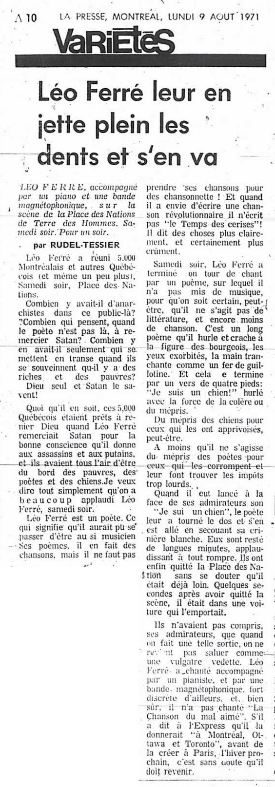 Léo Ferré - La presse, 1884- (Montréal), 9 août 1971, Cahier A