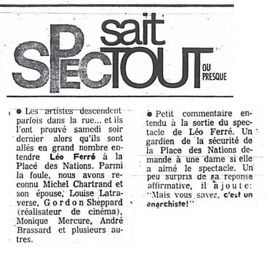 Léo Ferré - La presse, 1884- (Montréal), 12 août 1971, C. Spec