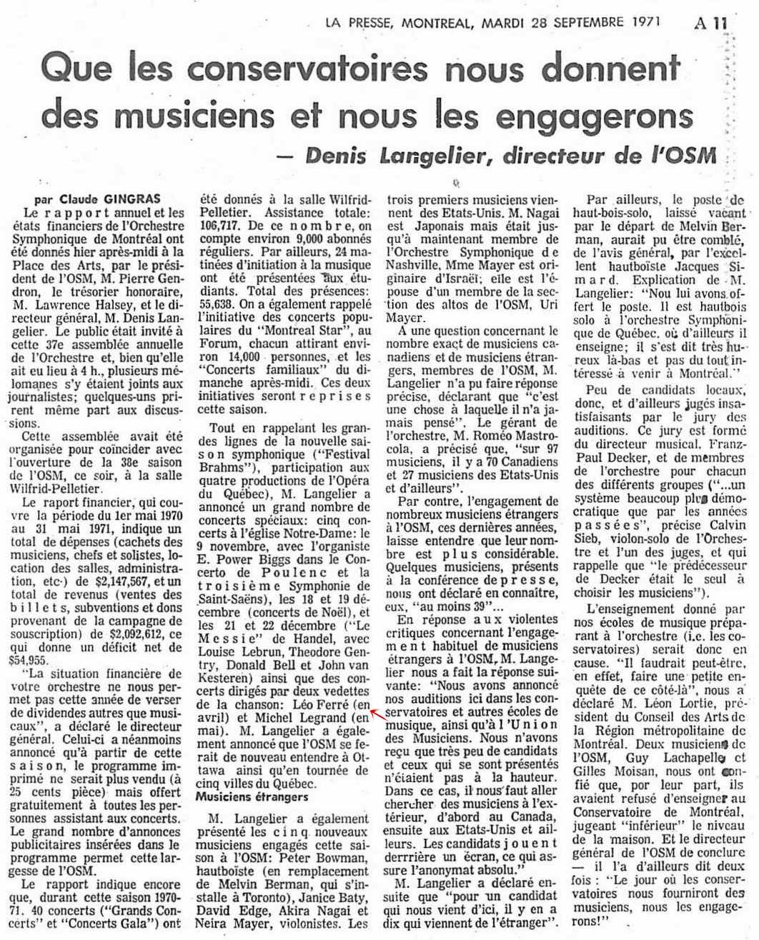 Léo Ferré - La presse, 1884- (Montréal), 28 septembre 1971, Cahier A