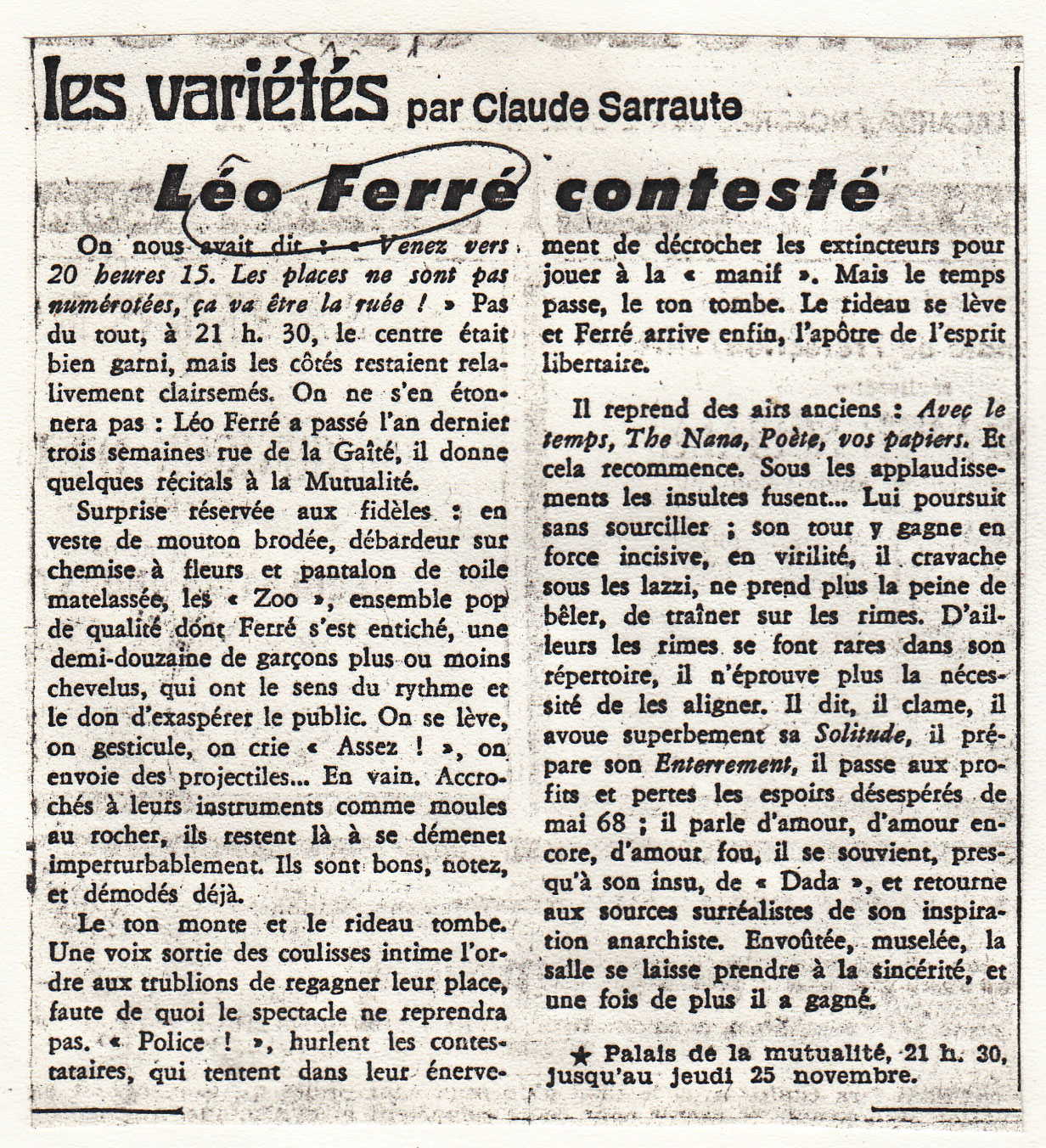 Léo Ferré - Le Monde du 24 novembre 1971