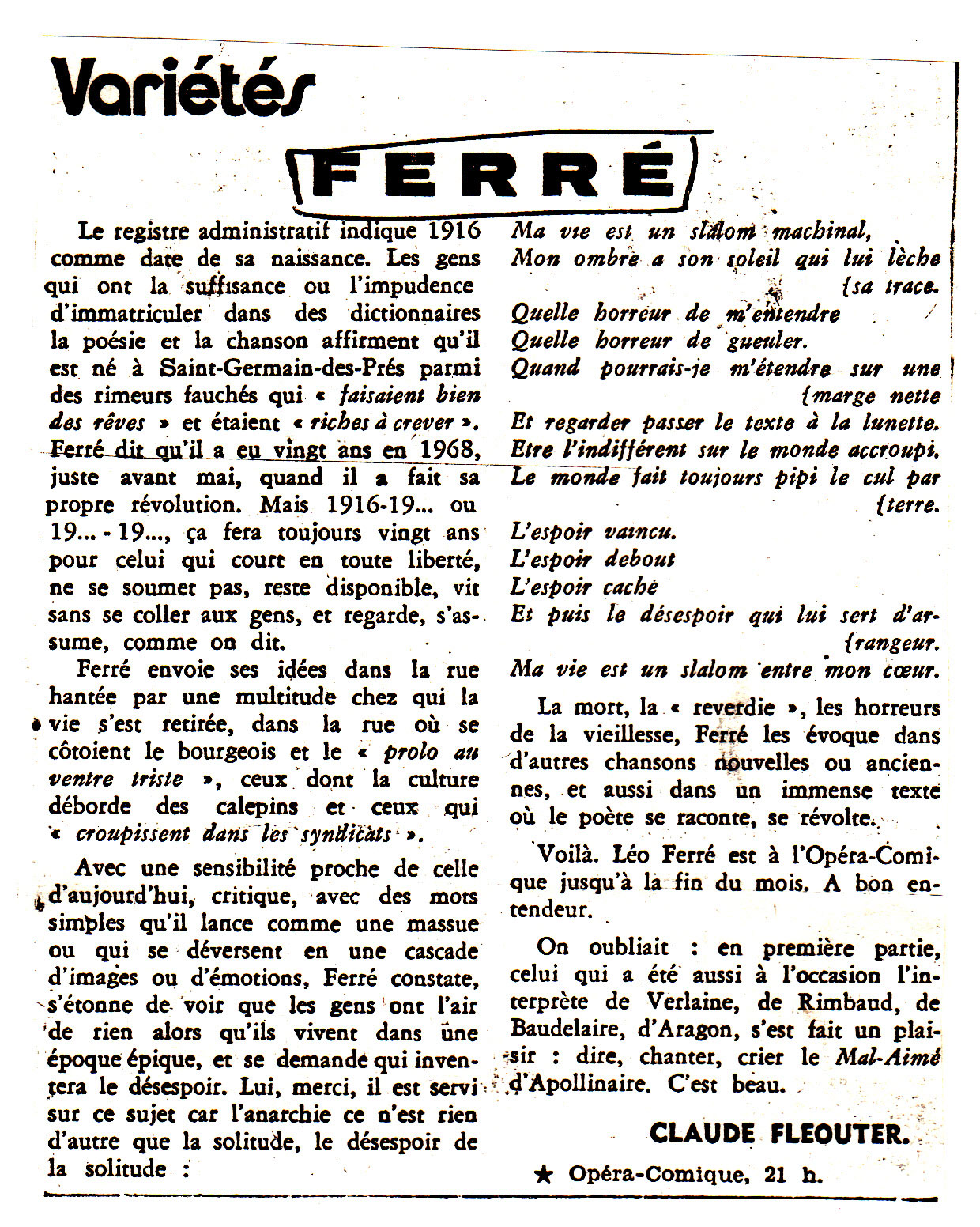 Léo Ferré - Le Monde du 15 février 1974