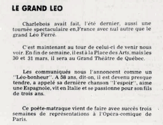 Léo Ferré - Le soleil, 1896- (Québec), lundi 18 mars 1974